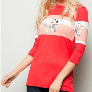 Coral 3/4 length tee with chest floral